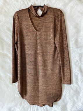 Say What? Womens XL Brown Marled Knit Choker Neck V-Neck Long Sleeve Tunic Top